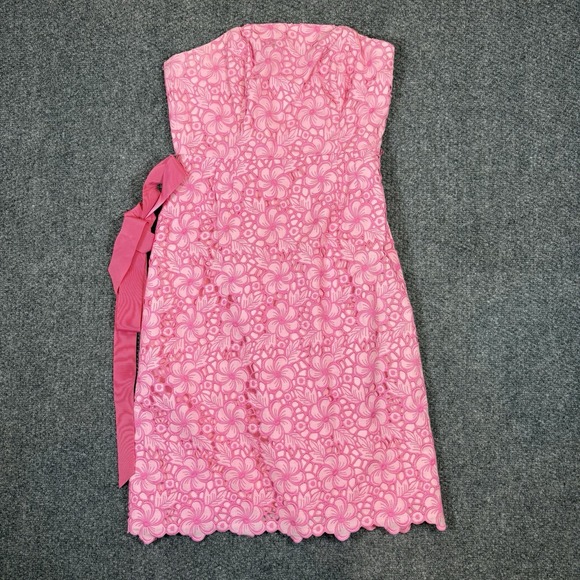 Lilly Pulitzer Sz 4 Pink Embroidered Floral Ribbon Belt Strapless Dress Cotton - Picture 2 of 10